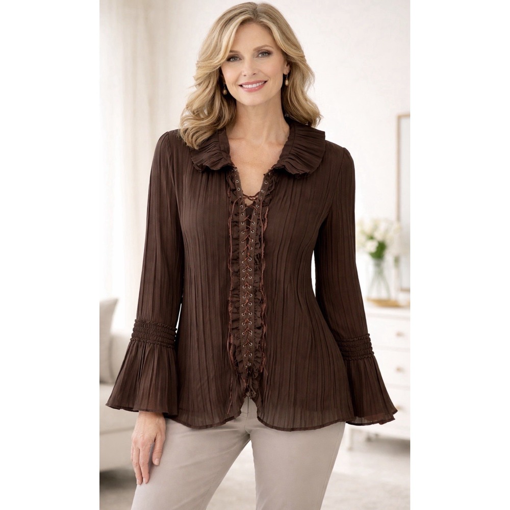 Women's Y2K brown Pleated Blouse & Collar Full lace up bell sleeves milkmaid top